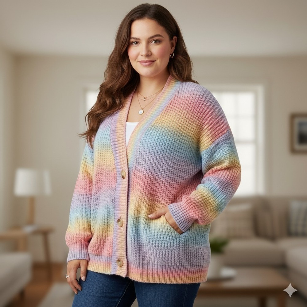 BLANKNYC Cardigan Women XL Rainbow Pastel Ombre Chunky Knit Button Front Sweater